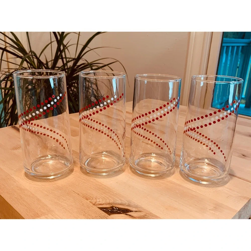 Vintage Set of 4 Glasses Red and White Swirl Polka Dots